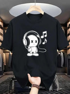 Summer men's 100% cotton casual loose fit plus size music themed printed comfortable sports round neck short sleeved T-shirt top