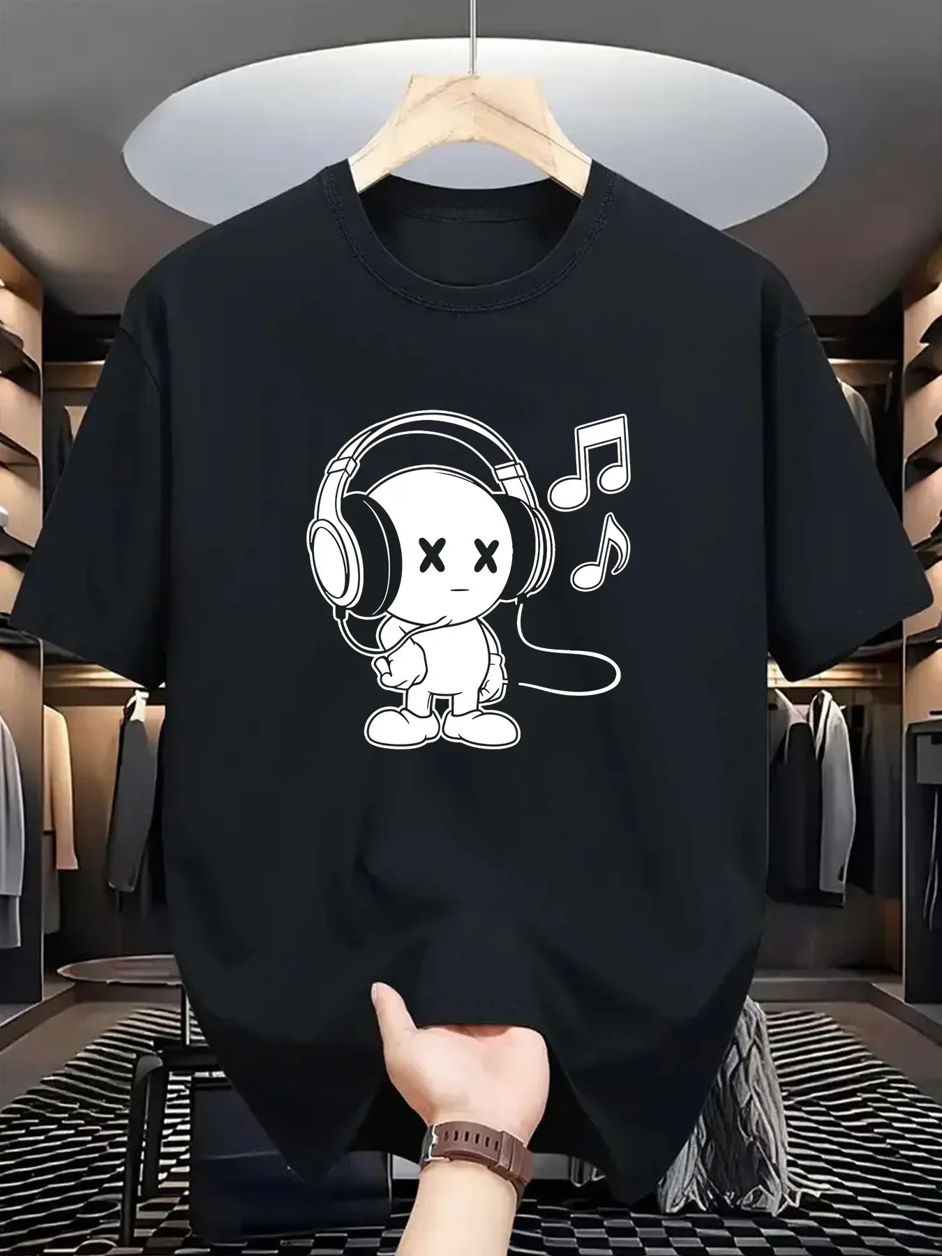 Summer men's 100% cotton casual loose fit plus size music themed printed comfortable sports round neck short sleeved T-shirt top