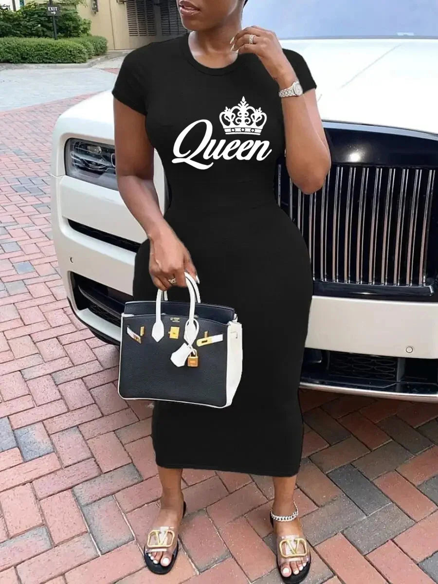 Summer Queen print short sleeved women's Solid Color Short Sleeved sexy dress Top Sexy Slim Fit Tight Women's Dress
