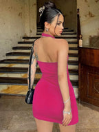 Halter Dress Seveless Backless Side Slit Neck-mounted Mini Dresses Knitted Sheath Streetwear 2024 Summer Woman Clothing Y2K 2406