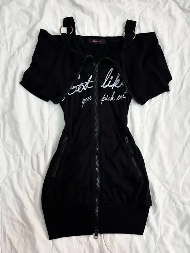 Elegant Party Woman Dresses Vintage Short sleeve Zipper Bag hip Skirt Sexy Girl Green Dress Gothic Letter Sling Short Skirt Y2k