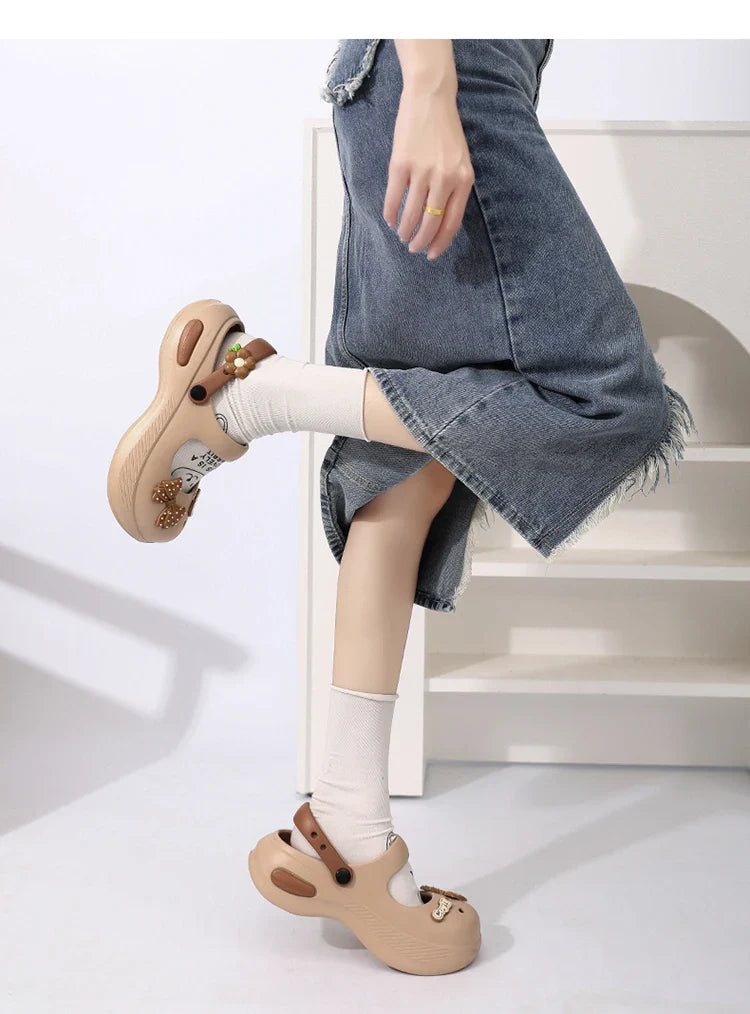 Women Mary Jane Sandals Platform Cute Bow Knot Girl Clogs Arch Support Garden Shoes Slip-on Outdoor Beach Shoes Height Increase