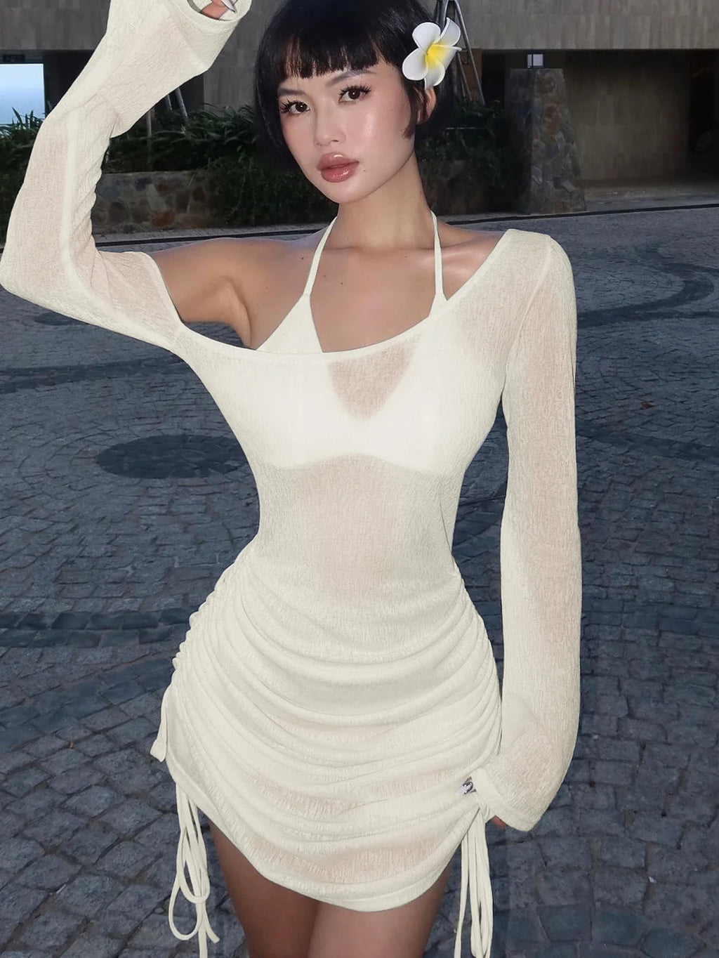 Dulzura Solid Skew Collar Ruched Straps Lace-Up See Through Draw String Mini Dress 2023 Summer  Women Party Clubwear Wholesale