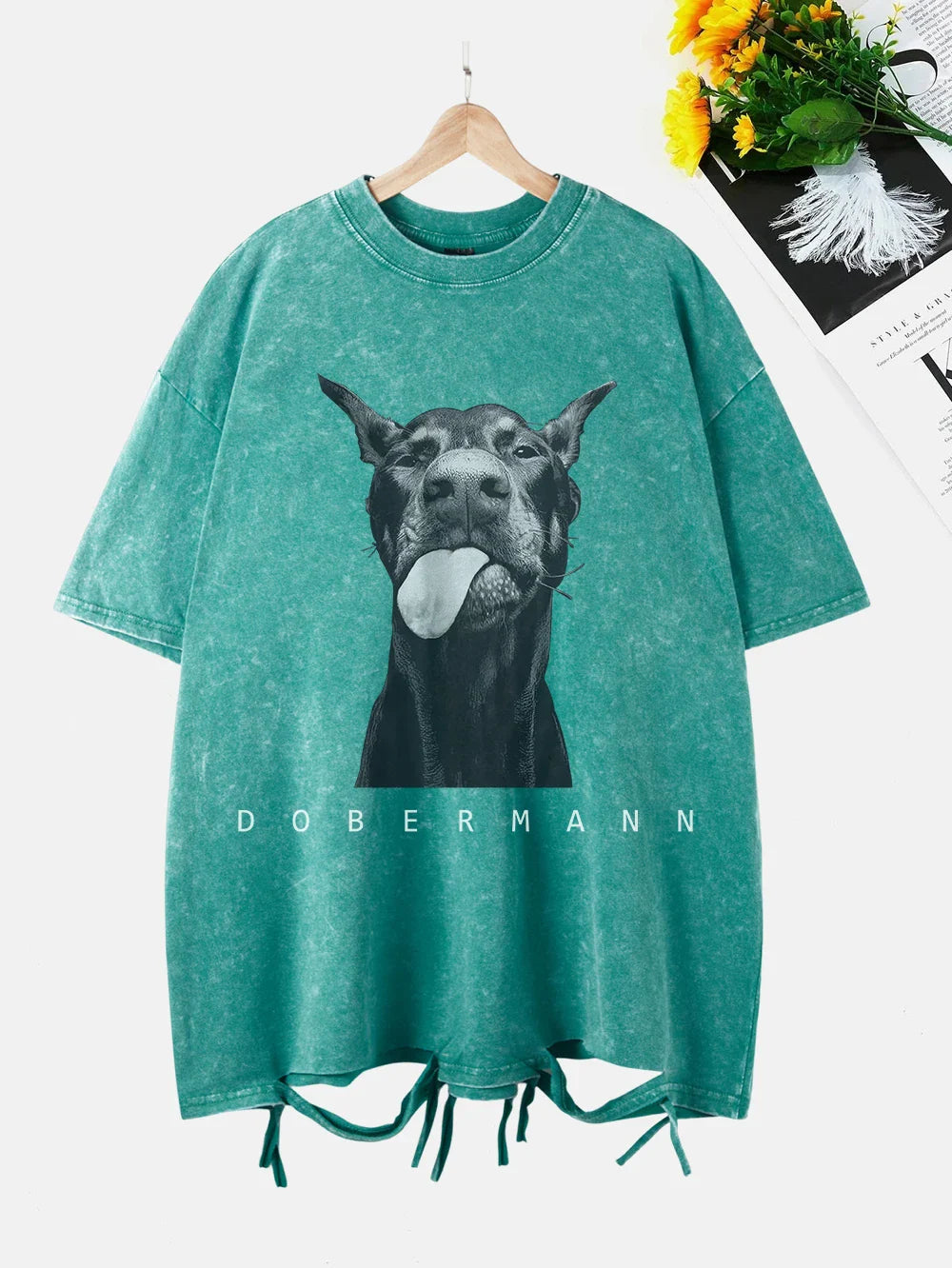 Fashion Creativity Doberman Prints Washed T-Shirt Women Cottontops Distressed O-Neck Oversize T Shirts Vintage Woman Clothes