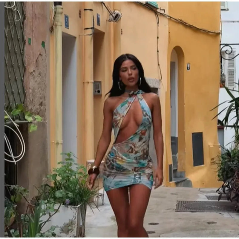 Women Sexy Printed Vestidos Chic Sleeveless Hollow Out Halter Bodycon Mini Dress 2025 Ladies Beach Seaside Vacation Bohemia Wear