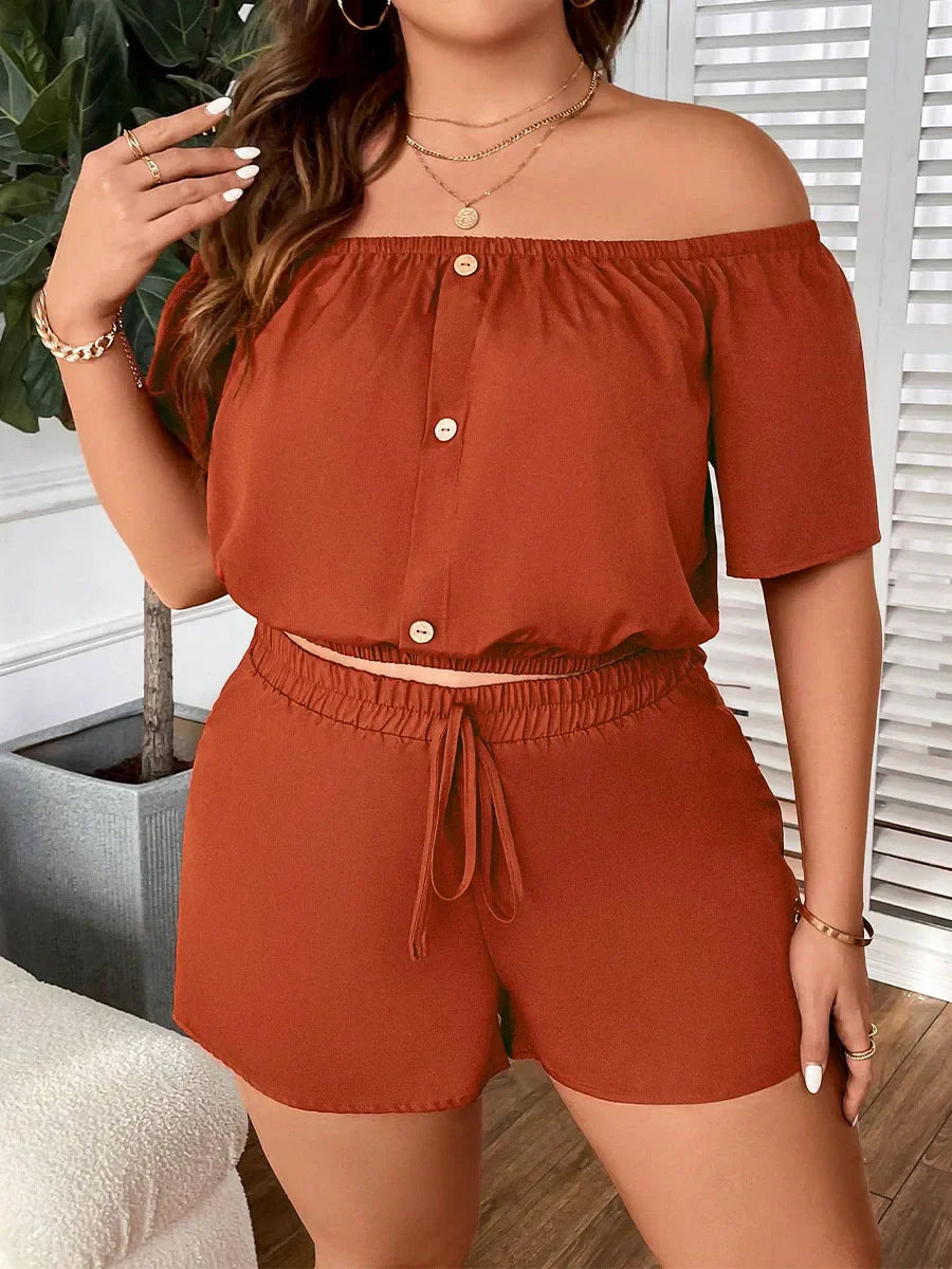 New Plus Size Women's Clothing New Casual One-shoulder Decorative Buckle Solid Colour Loose Short Sleeve Two-piece Set