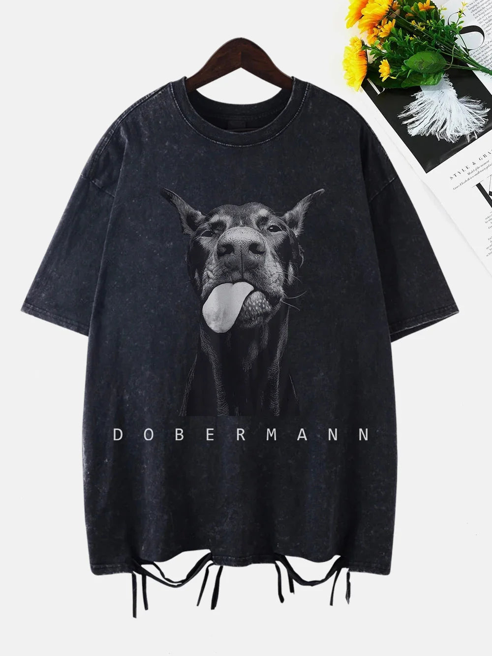 Fashion Creativity Doberman Prints Washed T-Shirt Women Cottontops Distressed O-Neck Oversize T Shirts Vintage Woman Clothes