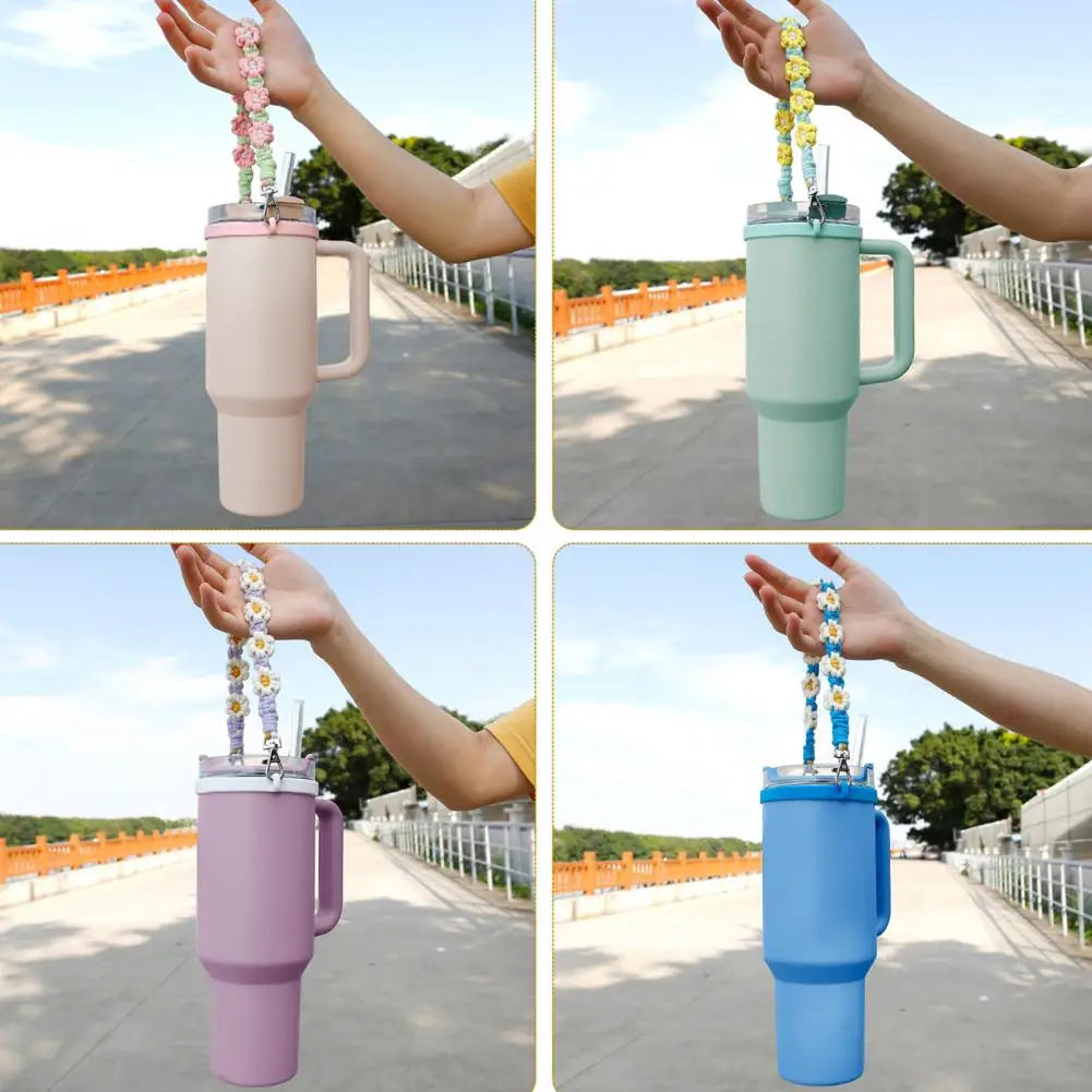 Water Bottle Handle Strap Handmade Flower 16-40oz Tumbler Silicone Safety Ring Cotton Rope Flower Durable Water Bottle Strap