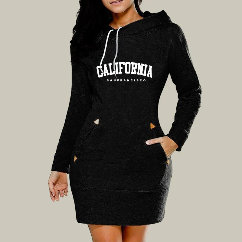 California Womens Dress Neck Side Zipper Fashion Print Long Sleeve Hooded Sports Skirt Hot Sales Casual Knee-Length Dress S-3XL