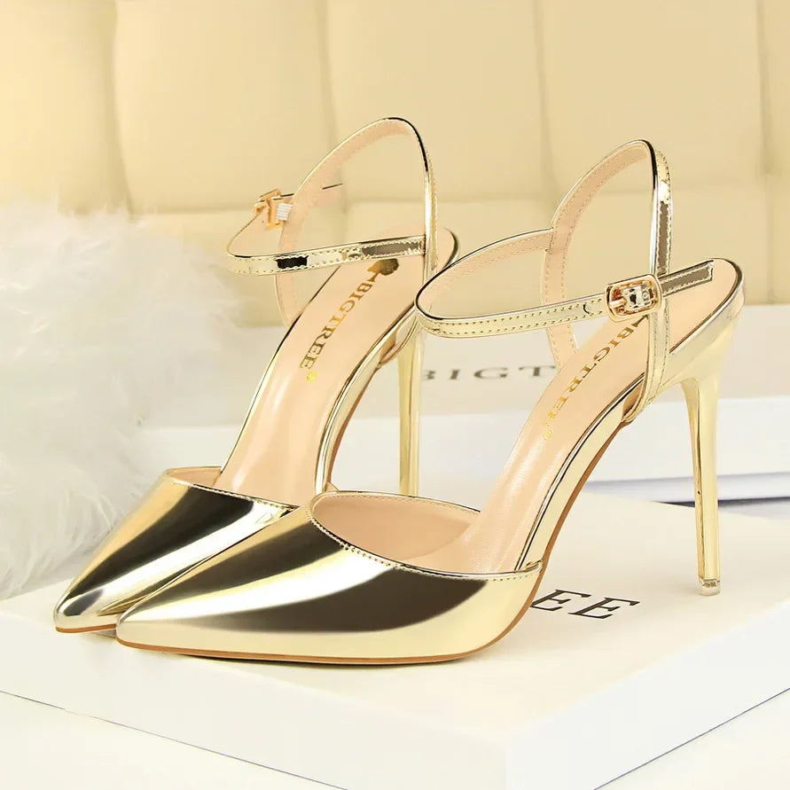 Women 10.5cm High Heels Sandals Lady Metallic Gold Silver Patent Leather Stripper Strap Sandles Wedding Fetish Nightclub Shoes