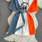 XFPV 2025 Summer Fashion Short Sleeve Round Neck High Waistband Slim A-line Denim Printed Patchwork Dress For Women SM11498