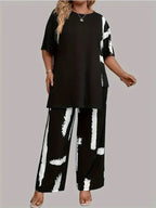 Womens Plus Size Brush Print Elegance Short Sleeve Round Neck Split Top & Matching Pants 2 Piece Outfit Set