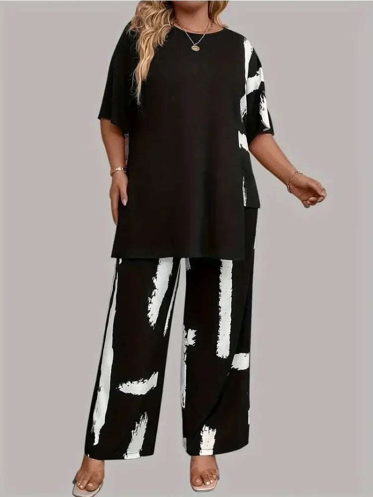 Womens Plus Size Brush Print Elegance Short Sleeve Round Neck Split Top & Matching Pants 2 Piece Outfit Set