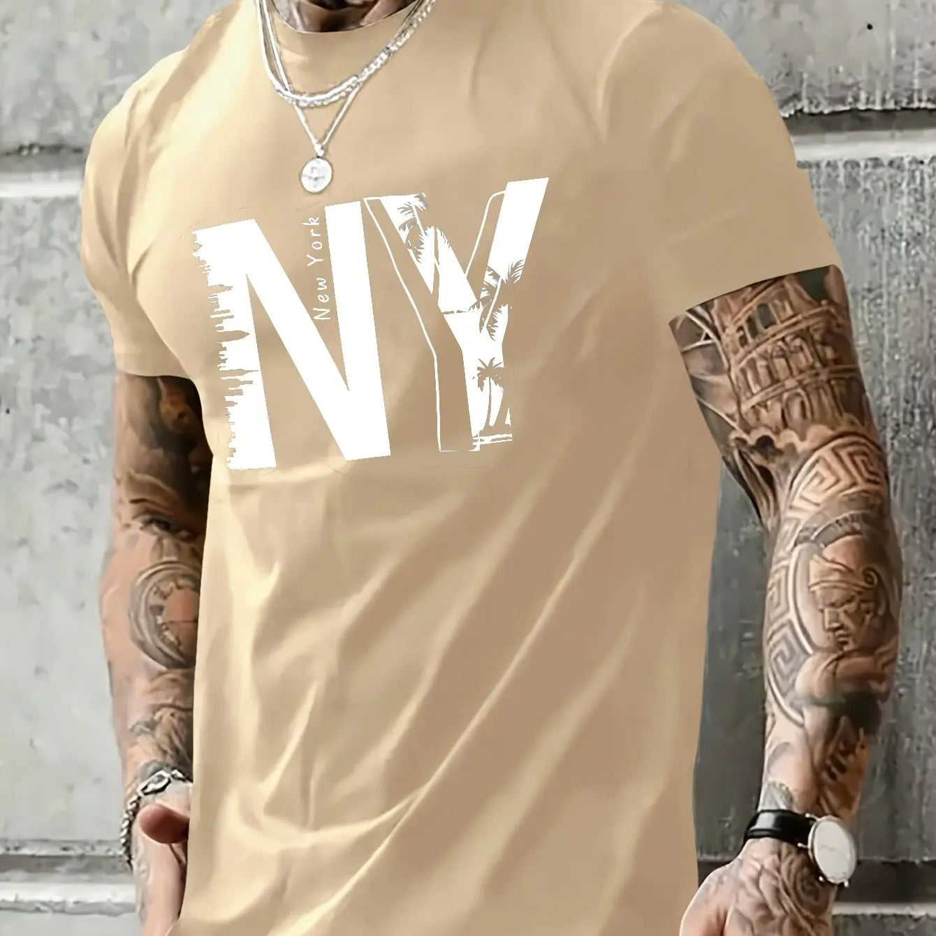 Summer men's 100% pure cotton casual loose plus size NY letter printed sports comfortable round neck short sleeved T-shirt top