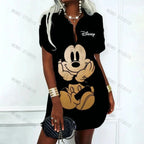 Korean Fashion Minnie Mouse Elegant Dresses for Women Disney Polo Shirts Dress Mickey Summer Dresses Woman 2024 Offer Y2k V-Neck