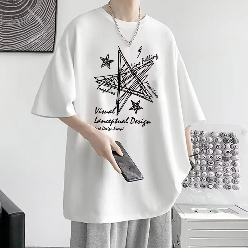 ã€?M-8XL ã€?Summer limited edition men's oversized T-shirt Line stars printed T-shirt suitable for both men and women