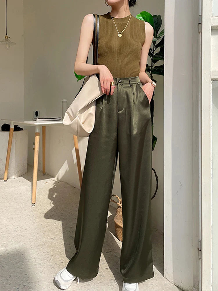 Garemay Summer Autumn Women's Pants Loose Solid Classic Black Straight High Waist Casual Silk Satin Wide Leg Trousers for Women
