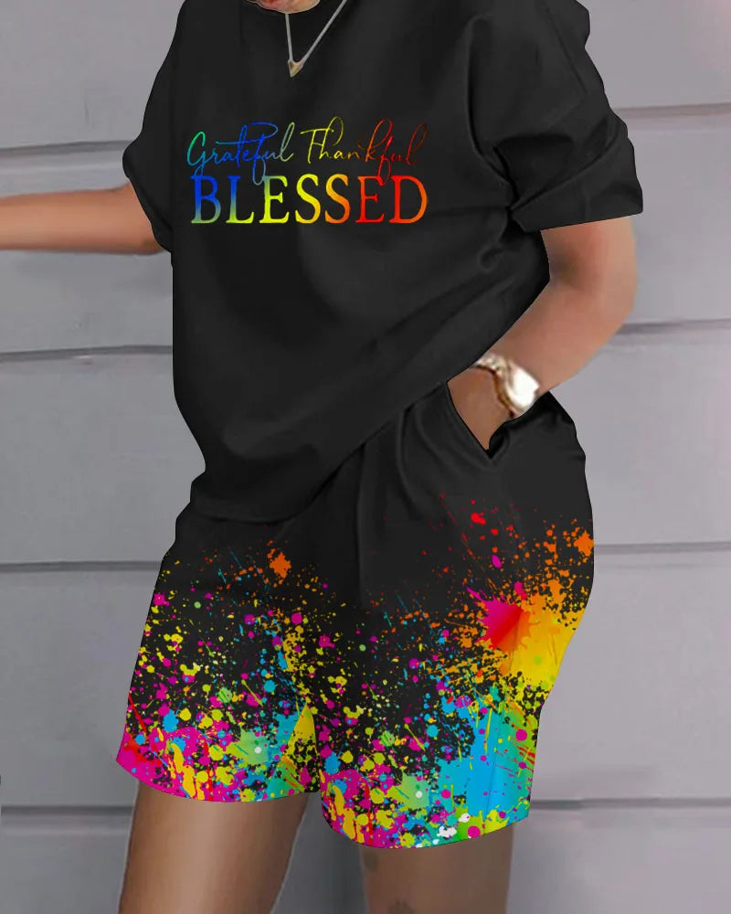 Fashion Casual Women's Shorts Short Sleeve Suit Gradient Letter Print Summer Suit T-shirt + Shorts 2 Pieces Plus Size Dress