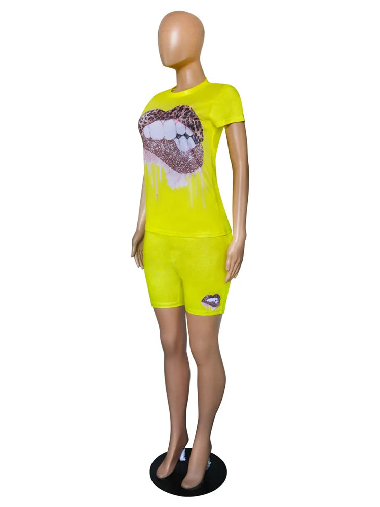 Wmstar Plus Size Two Piece Outfits for Women Tracksuit Shorts Sets  Lip Print Top Casual New In Matching Wholesale Dropshipping