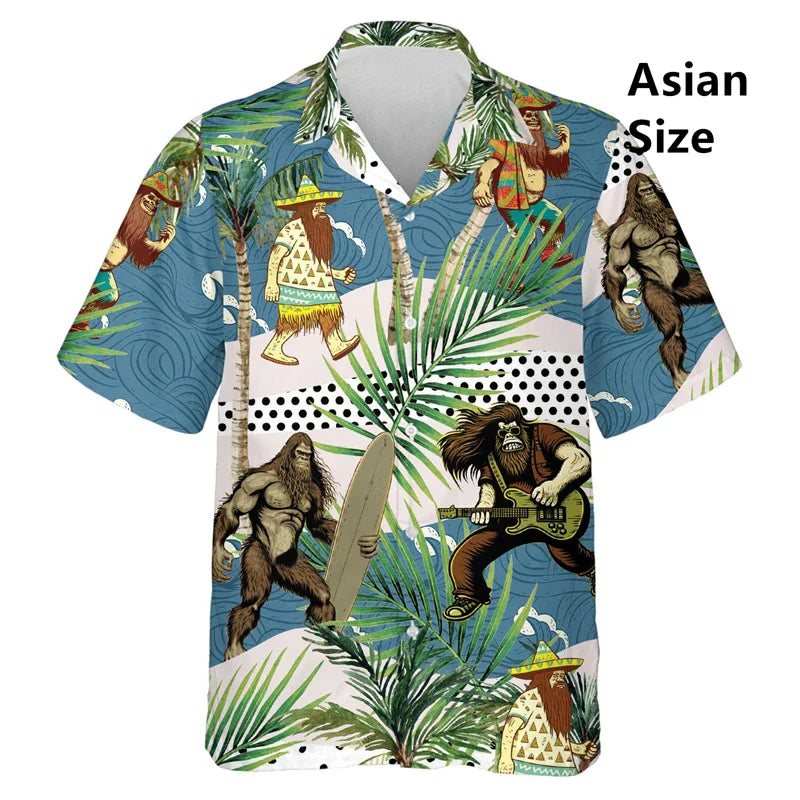 Hawaiian Bigfoot Pirate Man Shirts Women Tropical Summer Aloha Casual Shirts Button Down Short Sleeve Sasquatch Shirt Clothing