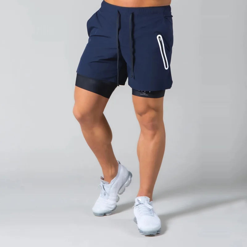 Double-deck fitness sports shorts men summer quick drying breathable woven Shorts Men's 2 IN 1training Gyms clothing
