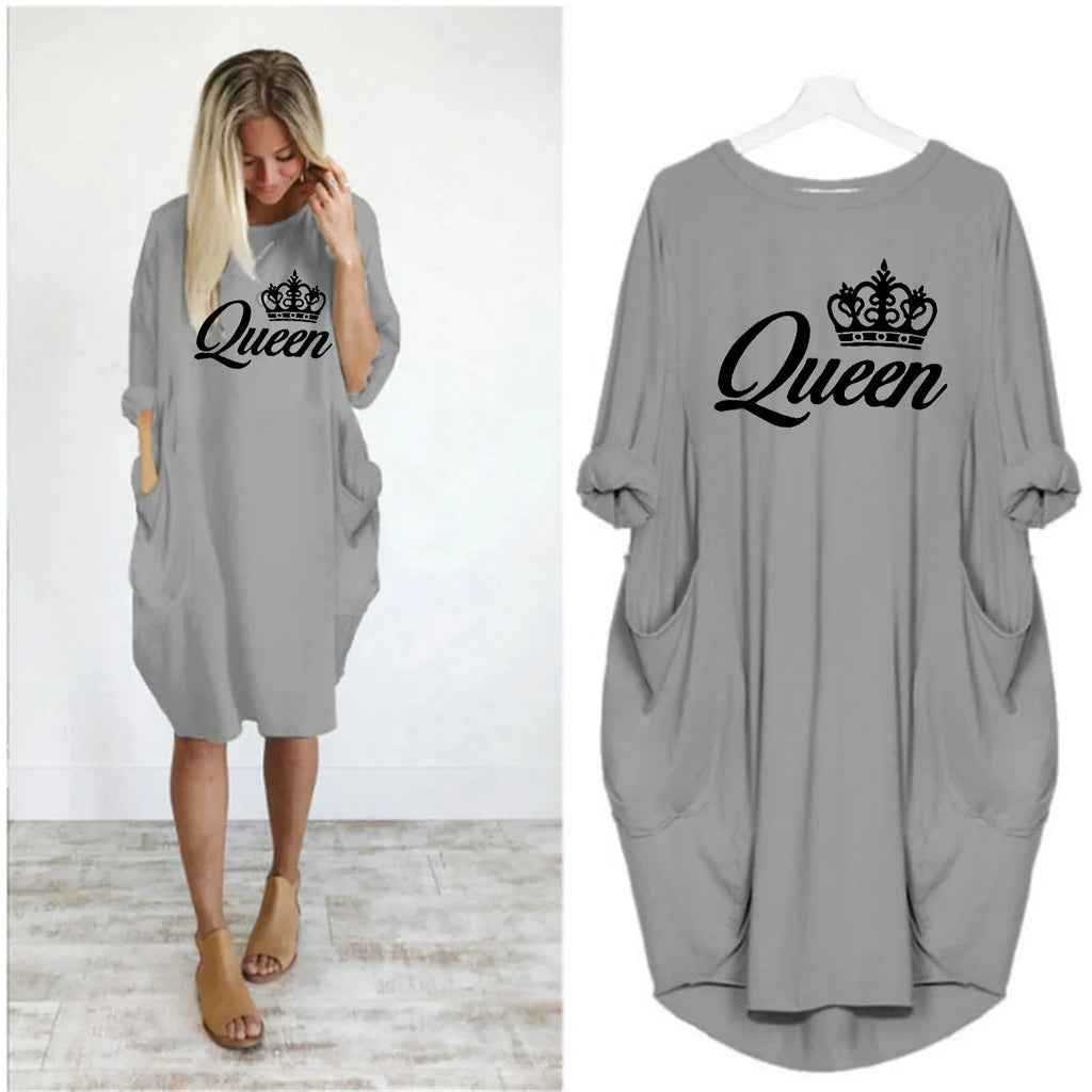 Women's spring and summer casual loose plus size QUEEN printed round neck long sleeved pocket dress streetwear