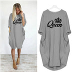 Women's spring and summer casual loose plus size QUEEN printed round neck long sleeved pocket dress streetwear