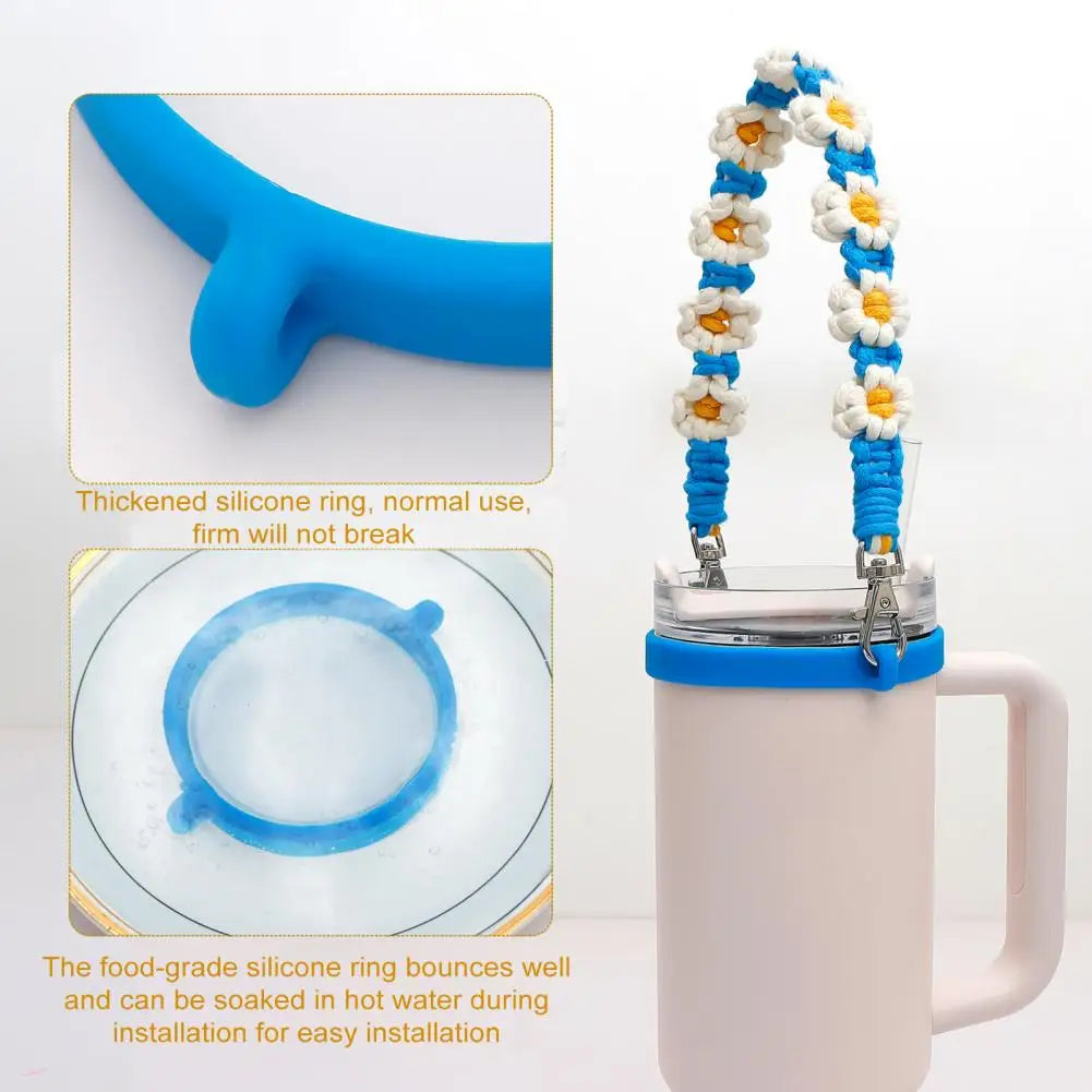 Water Bottle Handle Strap Handmade Flower 16-40oz Tumbler Silicone Safety Ring Cotton Rope Flower Durable Water Bottle Strap