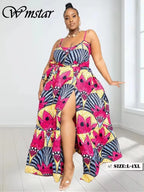 Wmstar Plus Size Dresses for Women Floral Printed Slip  Loose Stretch Big Swing Maxi Dress Summer Clothes Wholesale Dropshipping