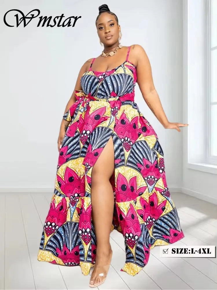 Wmstar Plus Size Dresses for Women Floral Printed Slip  Loose Stretch Big Swing Maxi Dress Summer Clothes Wholesale Dropshipping