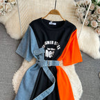 XFPV 2025 Summer Fashion Short Sleeve Round Neck High Waistband Slim A-line Denim Printed Patchwork Dress For Women SM11498