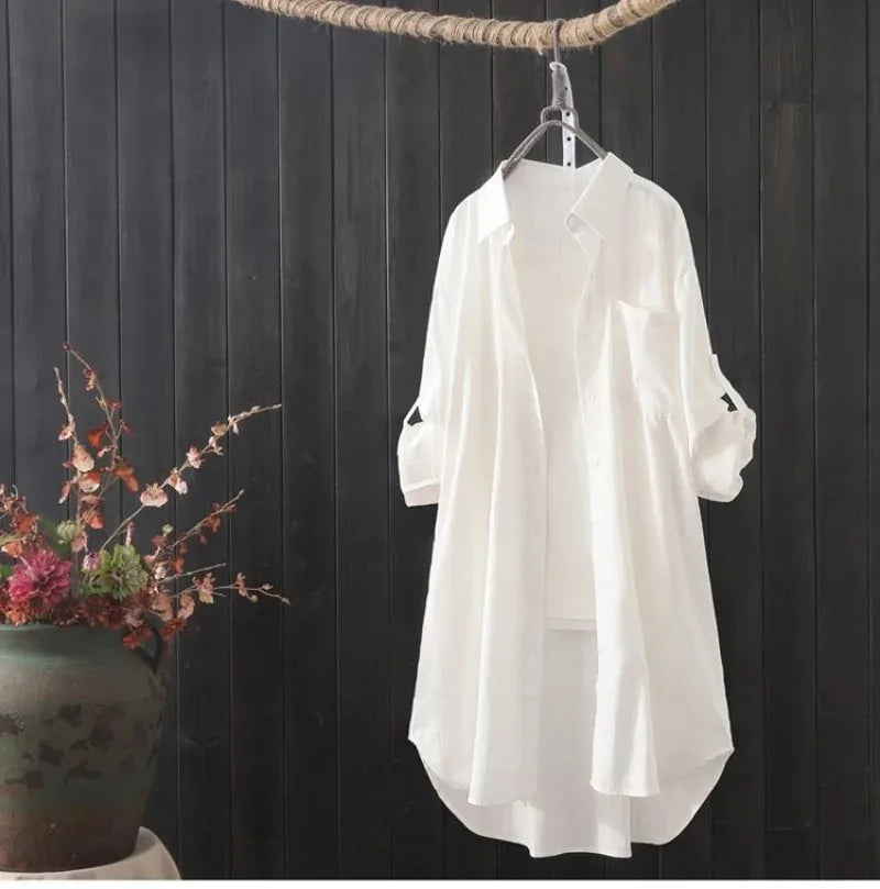 White Shirt Women 2024 Spring Summer Korean Fashion Simple Solid Color Long Shirts Lady Loose Breathable Midi Shirt and Blouse
