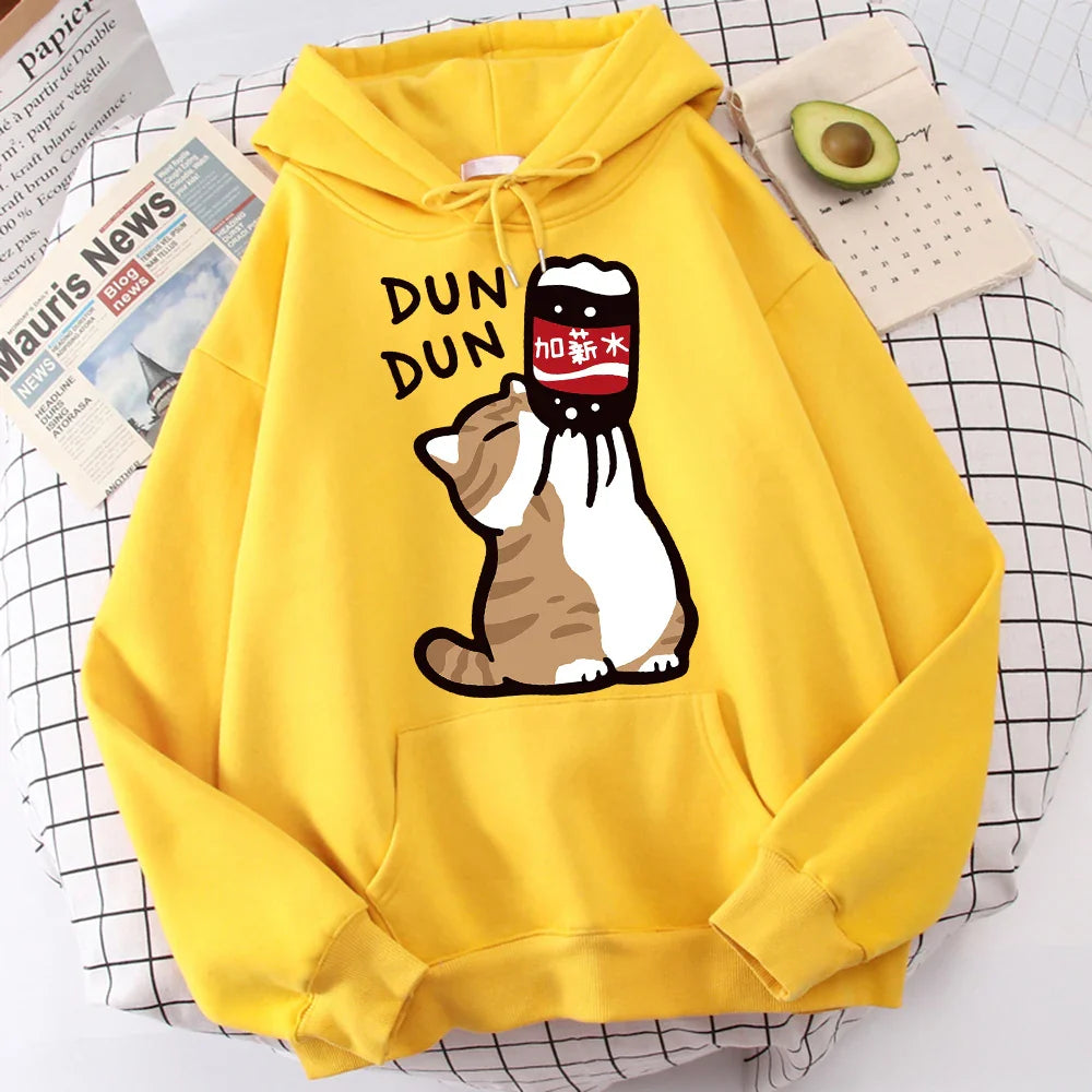 Cartoon Cat Drink Salary Increase Beverages Mens Hooded Jacket Casual Cartoon Hoodies Pleasure Sweatshirts Home Harajuku Tops