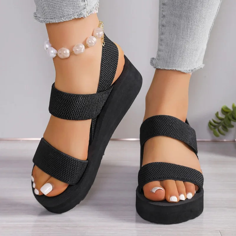 Women's Fashion Trend Anti-slip Wear-resistant Pure Black Belt Soft Soled High-heeled Sandals