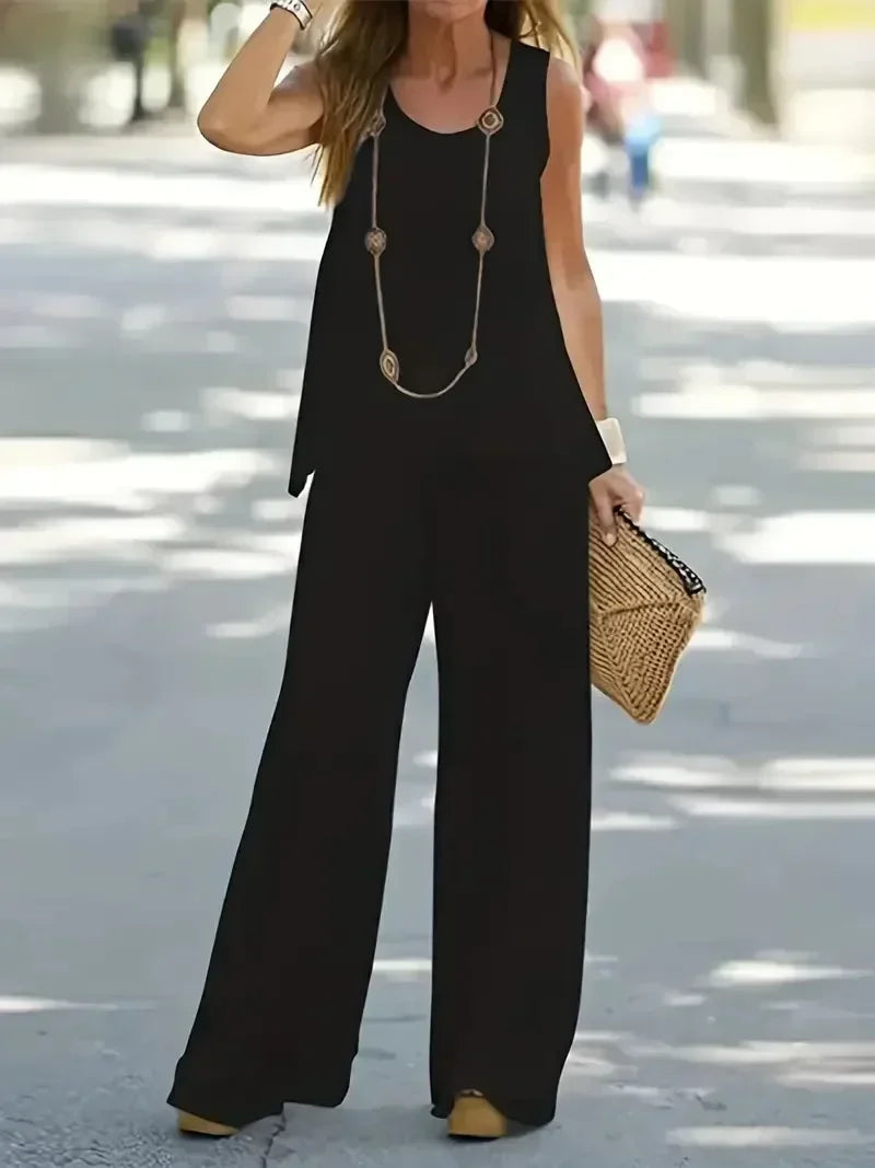 Women's1XL-8XL Plus Size Round Neck Casual Outfits Two Piece Set Solid Tank Top Wide Leg Pants Outfits 2 Piece Set