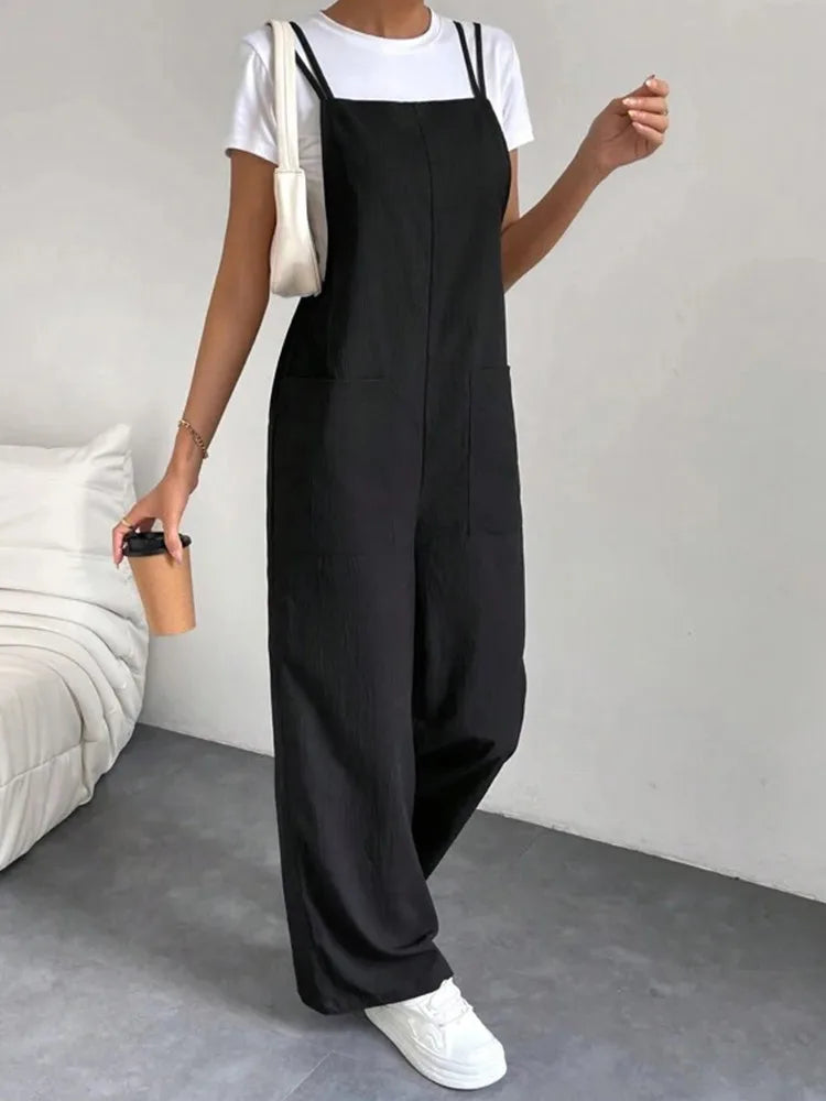 European and American Suspender Jumpsuit Women's 2024 Summer New Fashion Casual Solid Long Wide Leg Women Overalls Jumpsuit