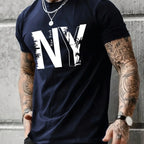 Summer men's 100% pure cotton casual loose plus size NY letter printed sports comfortable round neck short sleeved T-shirt top
