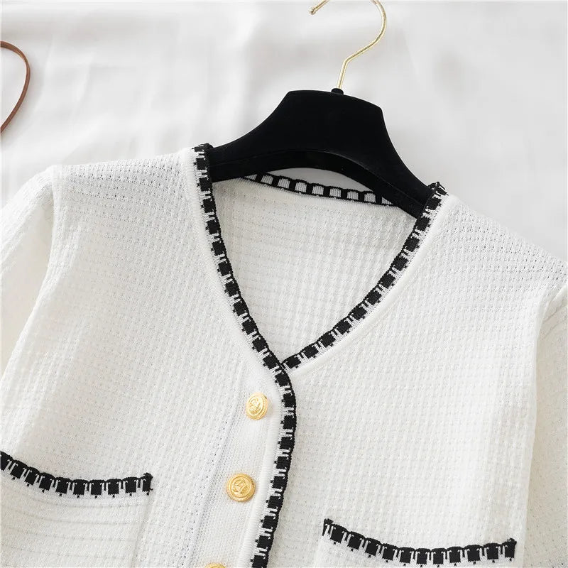 Summer Women New Solid V-Neck Casual Crop Top Single-breasted Pocket Patchwork Cardigan Versatile Loose Short Sleeve Shirts 2025