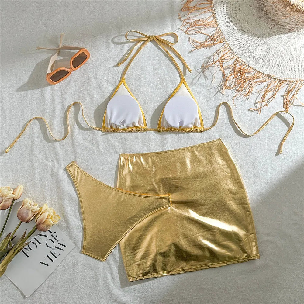 Gold Micro Thong String 3 Piece Bikini Set Damen Halter Swimwear Skirts Cover Ups Sexy Swimsuit Women 2025 Bathing Suit Bikinis