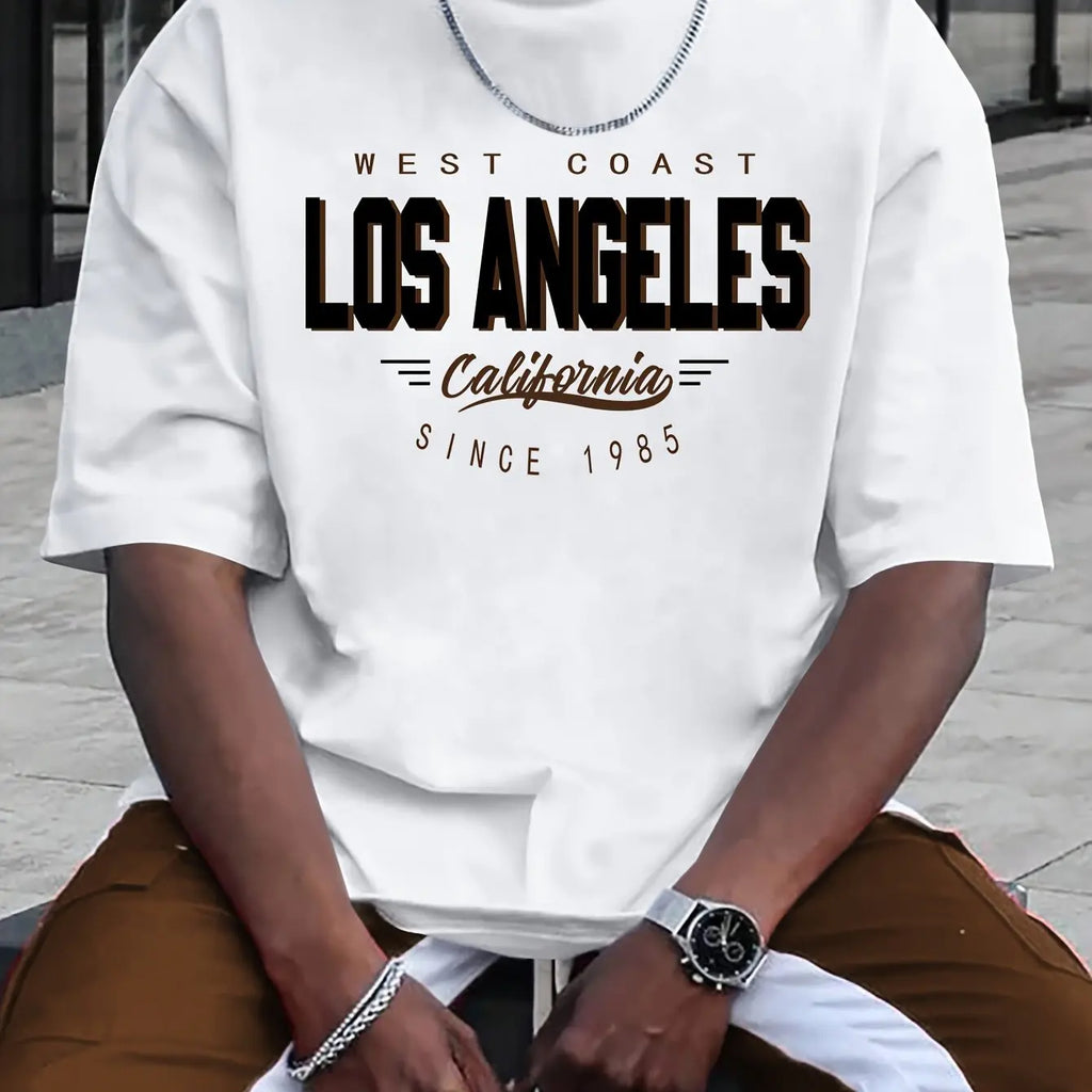 Summer men's 100% cotton comfortable casual loose plus size LOS ANGELES printed sports round neck short sleeved T-shirt top
