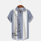 Men's Shirt Casual Buttoned Cardigan 3D Music Symbol Print short-sleeved Shirt Summer New Simple Striped Open Lapel Tops