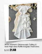 XFPV 2025 Summer Fashion Short Sleeve Round Neck High Waistband Slim A-line Denim Printed Patchwork Dress For Women SM11498