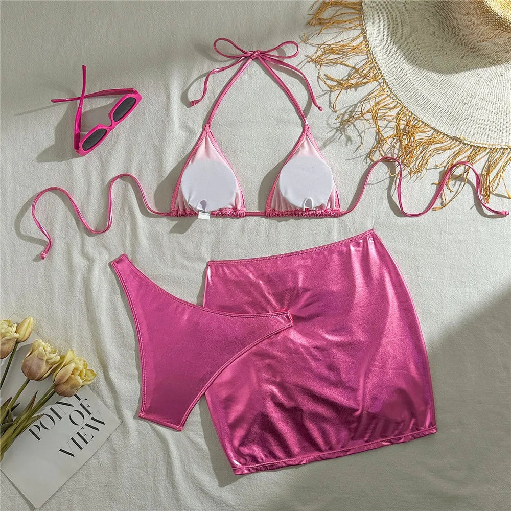 Gold Micro Thong String 3 Piece Bikini Set Damen Halter Swimwear Skirts Cover Ups Sexy Swimsuit Women 2025 Bathing Suit Bikinis