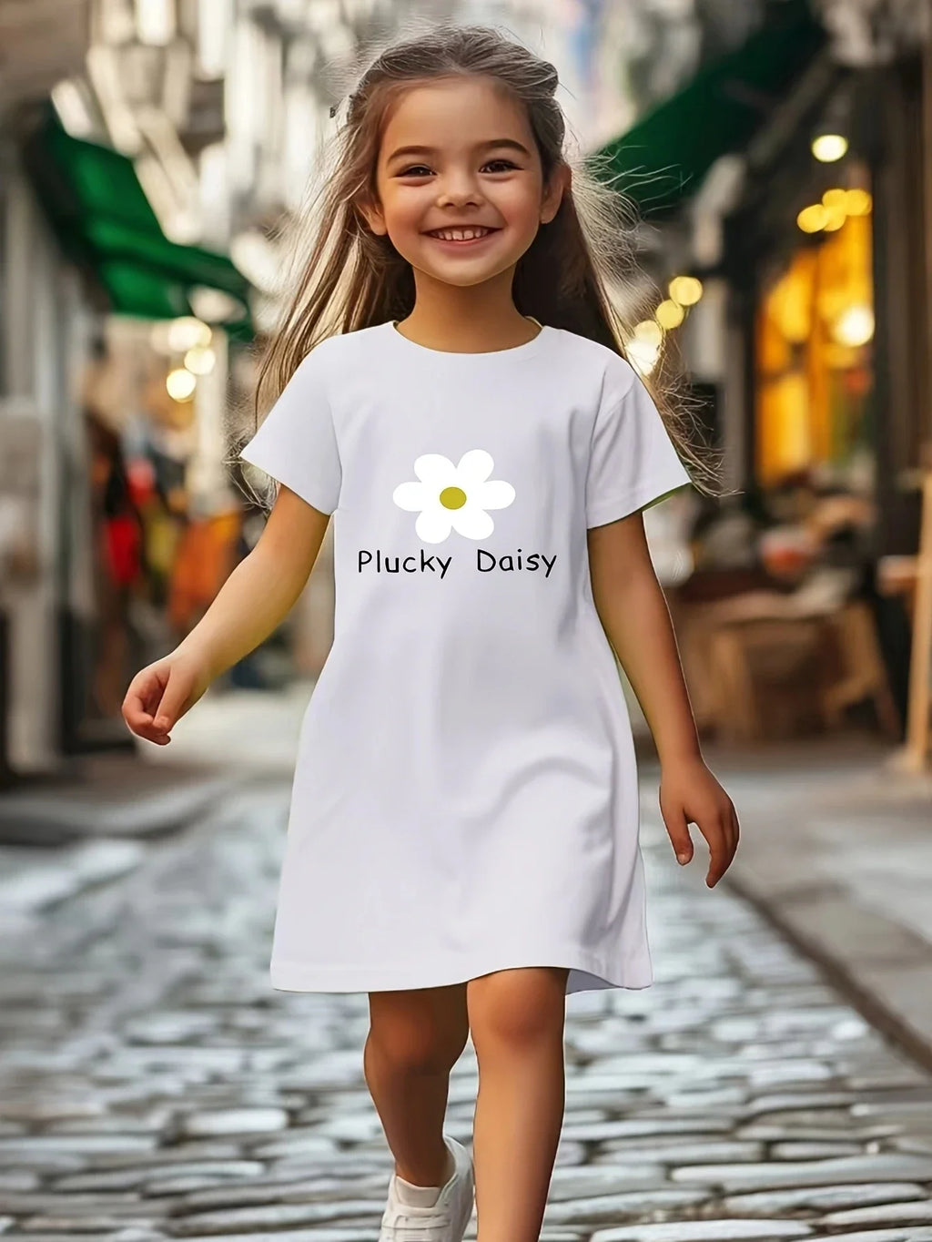 Girls' white floral print dress, comfortable polyester blend, elastic and comfortable