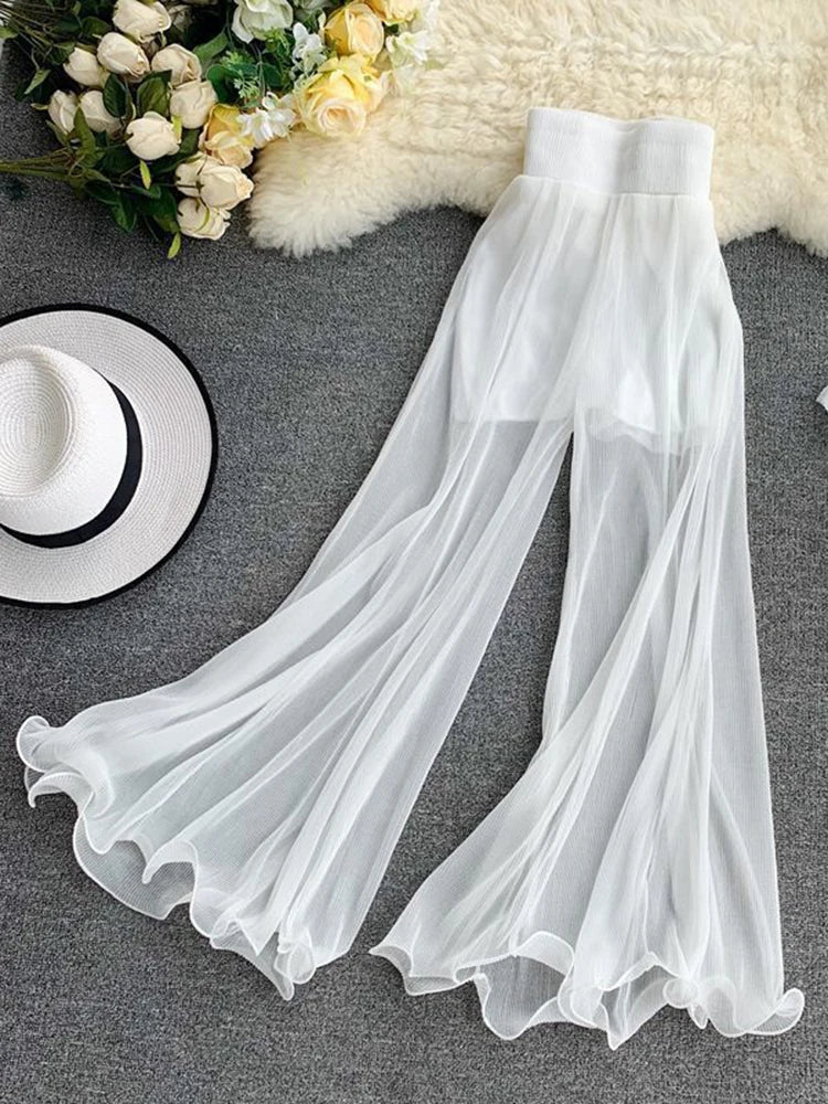 ZOKI Women Flare Pants Loose Gauze Elastic High Waist Ruffle Chiffon Ladies Trousers Fashion Black White Summer Female Pants New