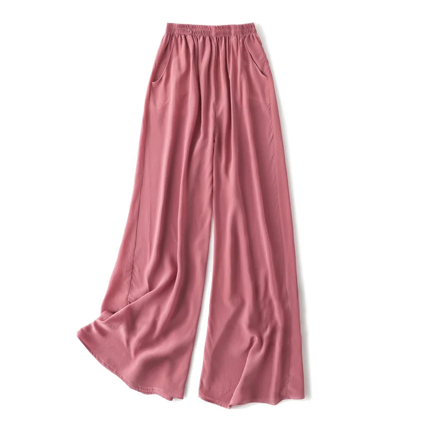 SuyaDream Women Wide Leg Pants 100%Real Silk Solid Elastic Waisted Ankle-length 2024 Office Spring Autumn Chic Trousers Black