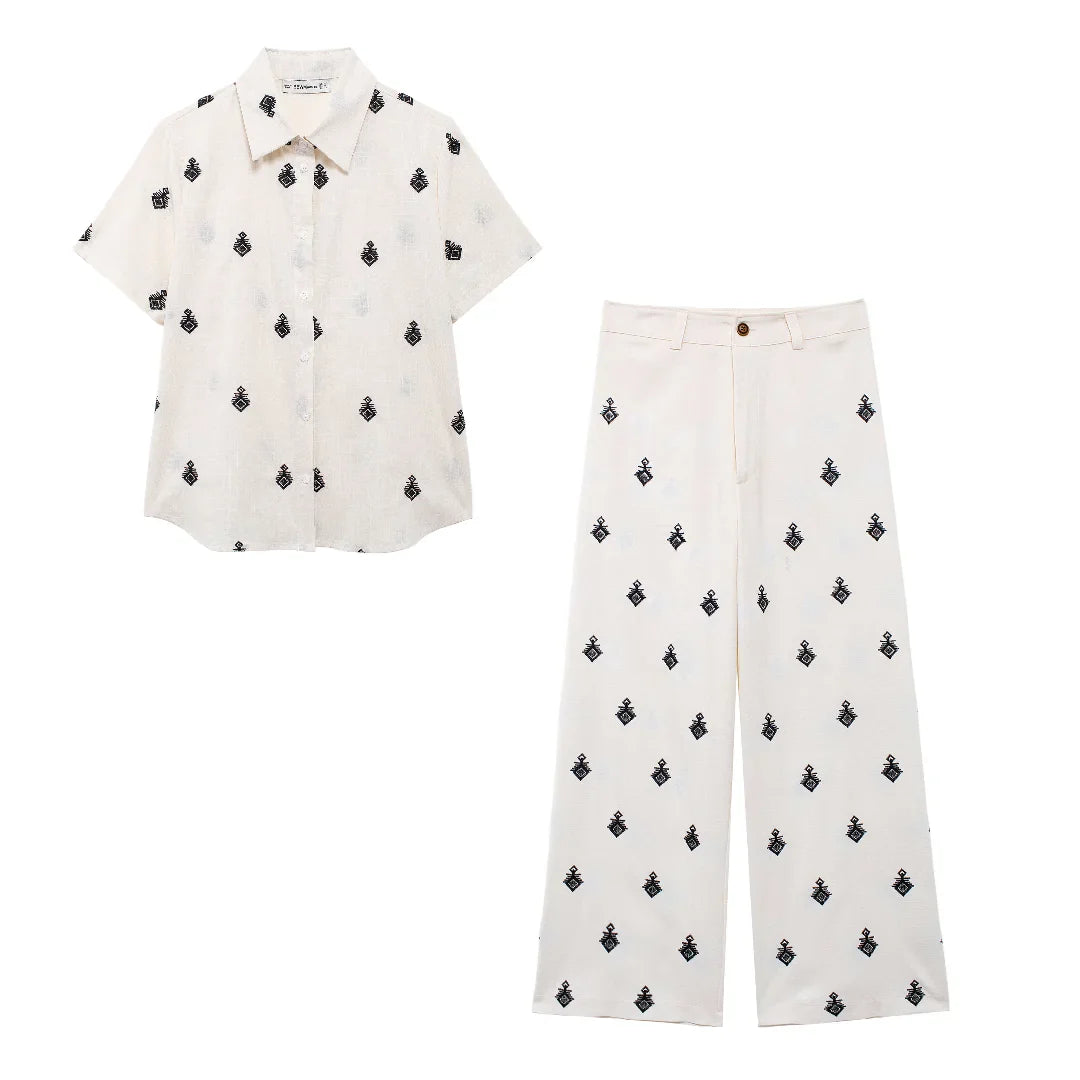 ZEVITY New Women Fashion Geometric Embroidery Wide Leg Pants High Waist Female Chic Zipper Fly Ankle Length Trousers Mujer P6247