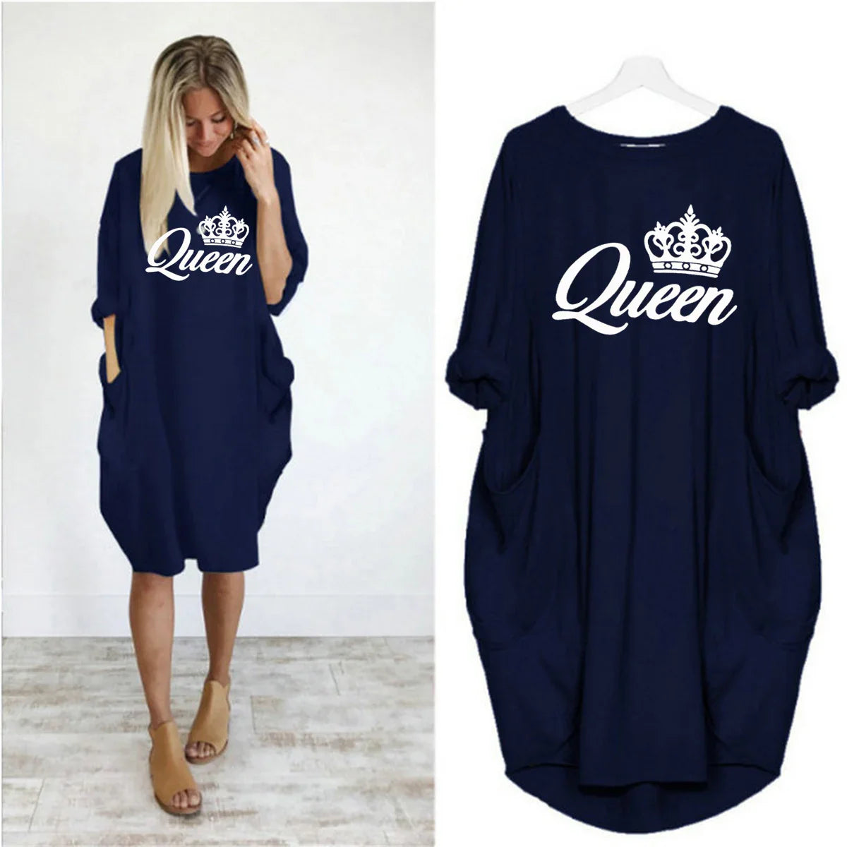 Women's spring and summer casual loose plus size QUEEN printed round neck long sleeved pocket dress streetwear