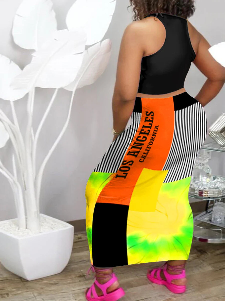 LW Plus Size Casual Outfits Two Piece Set Women's Letter Print Round Neck Crop Tank Top & Slim Fit Maxi Skirt