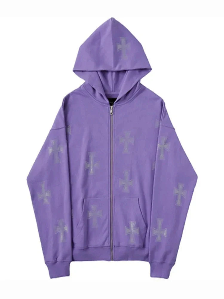 European and American loose top cross hot diamond hoodie women's high street Harajuku retro hip hop zipper Y2K hooded sweatshirt